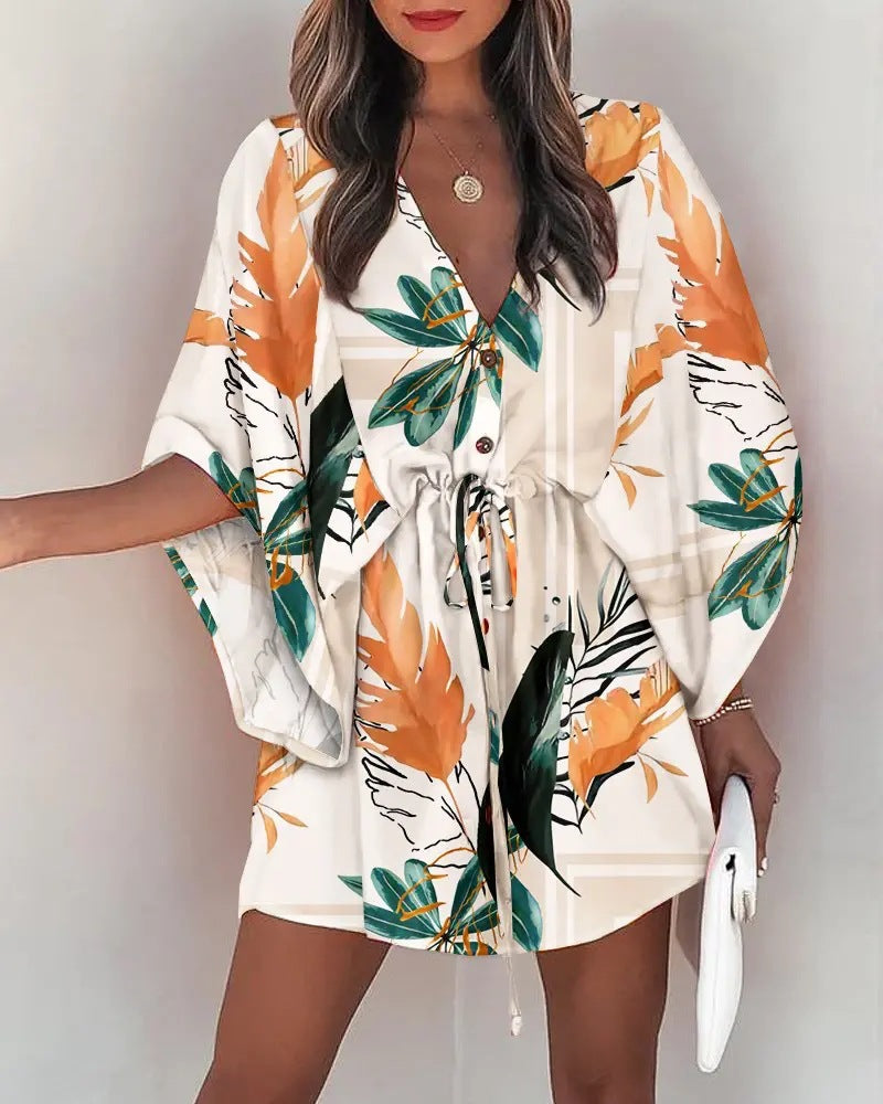 DressBetty - Casual Flora Print Batwing Sleeve Lace-Up Dress