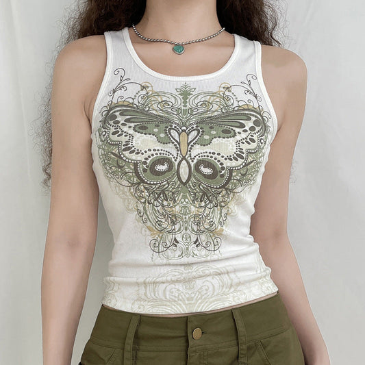 DressBetty - Slim Knitted Vest White Sleeveless O Neck Butterfly Vintage Print Tank Crop Tops