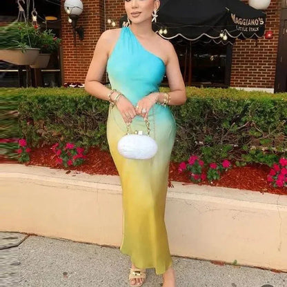 Satin Tie Dye Asymmetric Off Shoulder Midi Dress