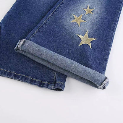 DressBetty - Star Printed Streetwear Vintage Low Waist Pockets Blue Denim Skinny Flare Jeans