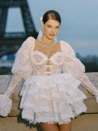 Puff Sleeve Layered Ruffle High Waist Lace Dress