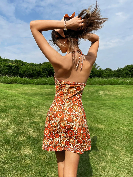Halter Short Holiday Print Floral Dress