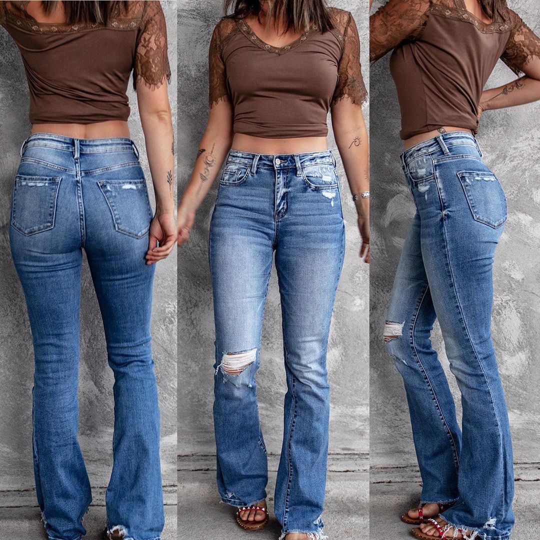 DressBetty - Holes Ripped Tassel Flare Jeans High Waist Denim Ladies Vintage Stretch Slim Jeans