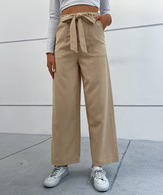 DressBetty - Solid Corduroy Belted Wide Leg Pants