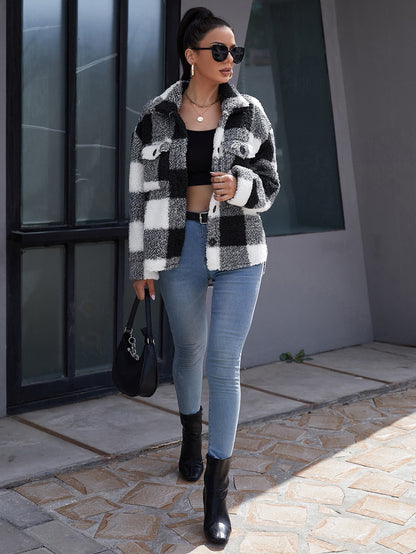 DressBetty - Plush Plaid Flap Pocket Coat