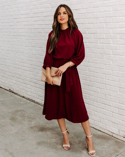 DressBetty - Elegant Office Dress Formal Loose Green Long Sleeve Belt A-Line Midi Dresses