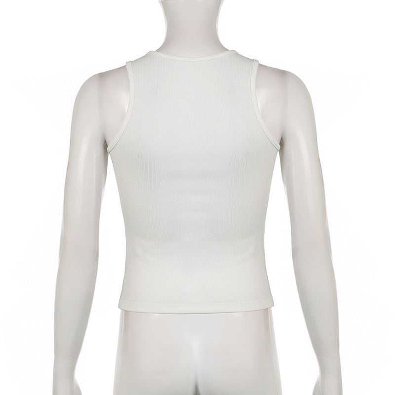 DressBetty - Slim Knitted Vest White Sleeveless O Neck Butterfly Vintage Print Tank Crop Tops