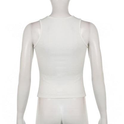 DressBetty - Slim Knitted Vest White Sleeveless O Neck Butterfly Vintage Print Tank Crop Tops