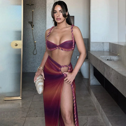 Gradient Cover Up Push Up Long Skirt Three Piece Swim Sets