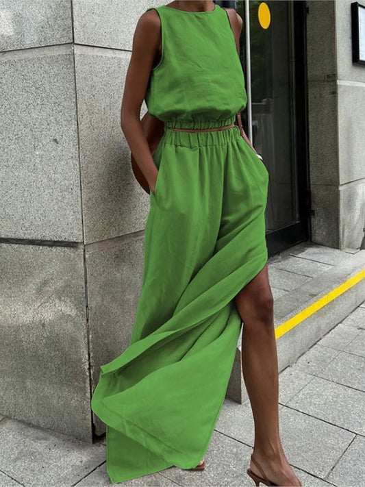 Cotton Linen Khaki Sleeveless Two Piece Pants Set