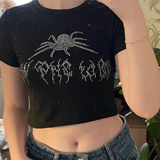 Spider Rhinestone Slim Crop T-shirt