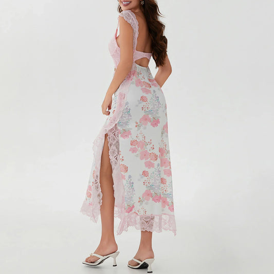 Lace Patchwork Slit Party Floral Dress