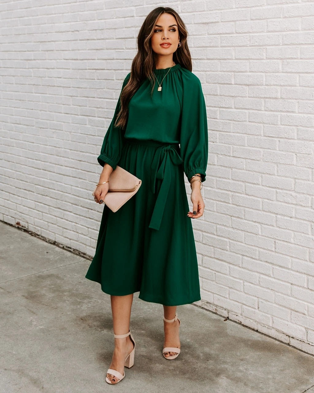 DressBetty - Elegant Office Dress Formal Loose Green Long Sleeve Belt A-Line Midi Dresses