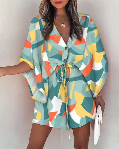 DressBetty - Casual Flora Print Batwing Sleeve Lace-Up Dress