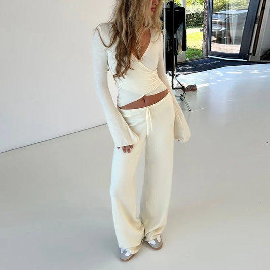 V Neck Waist Tie Elastic Two Piece Pants Set