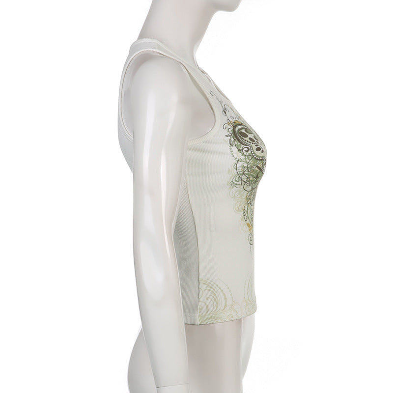 DressBetty - Slim Knitted Vest White Sleeveless O Neck Butterfly Vintage Print Tank Crop Tops