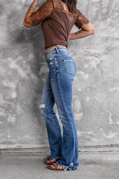 DressBetty - Holes Ripped Tassel Flare Jeans High Waist Denim Ladies Vintage Stretch Slim Jeans