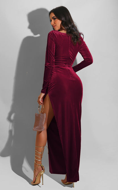 DressBetty - Elegant Velvet High Waist Slit Maxi Dress Sexy Long Sleeve Evening Party Dress