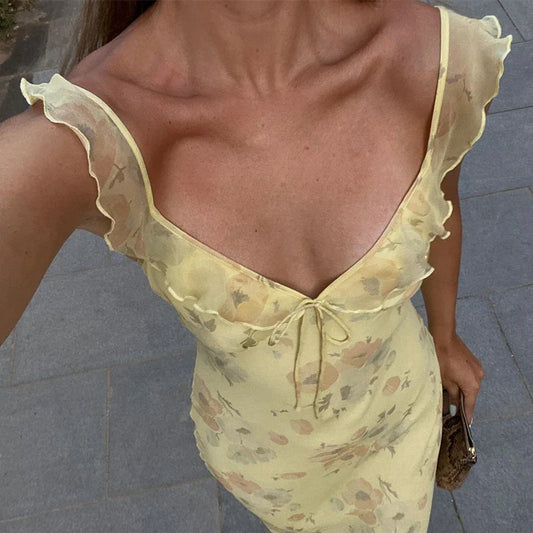 Off Shoulder Ruffle Halter Backless Floral Dress