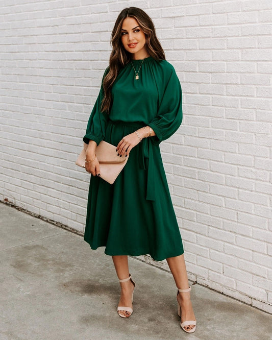 DressBetty - Elegant Office Dress Formal Loose Green Long Sleeve Belt A-Line Midi Dresses