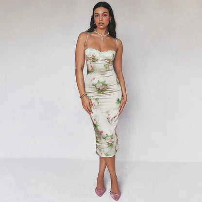 Lace Silk Strap Backless Floral Dress