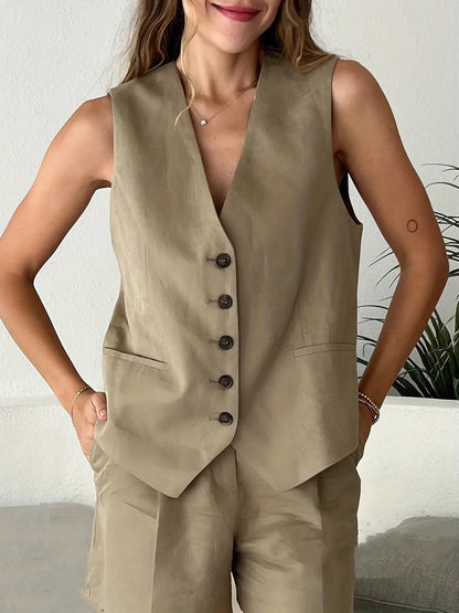 Button Vest Wide Shorts Suit
