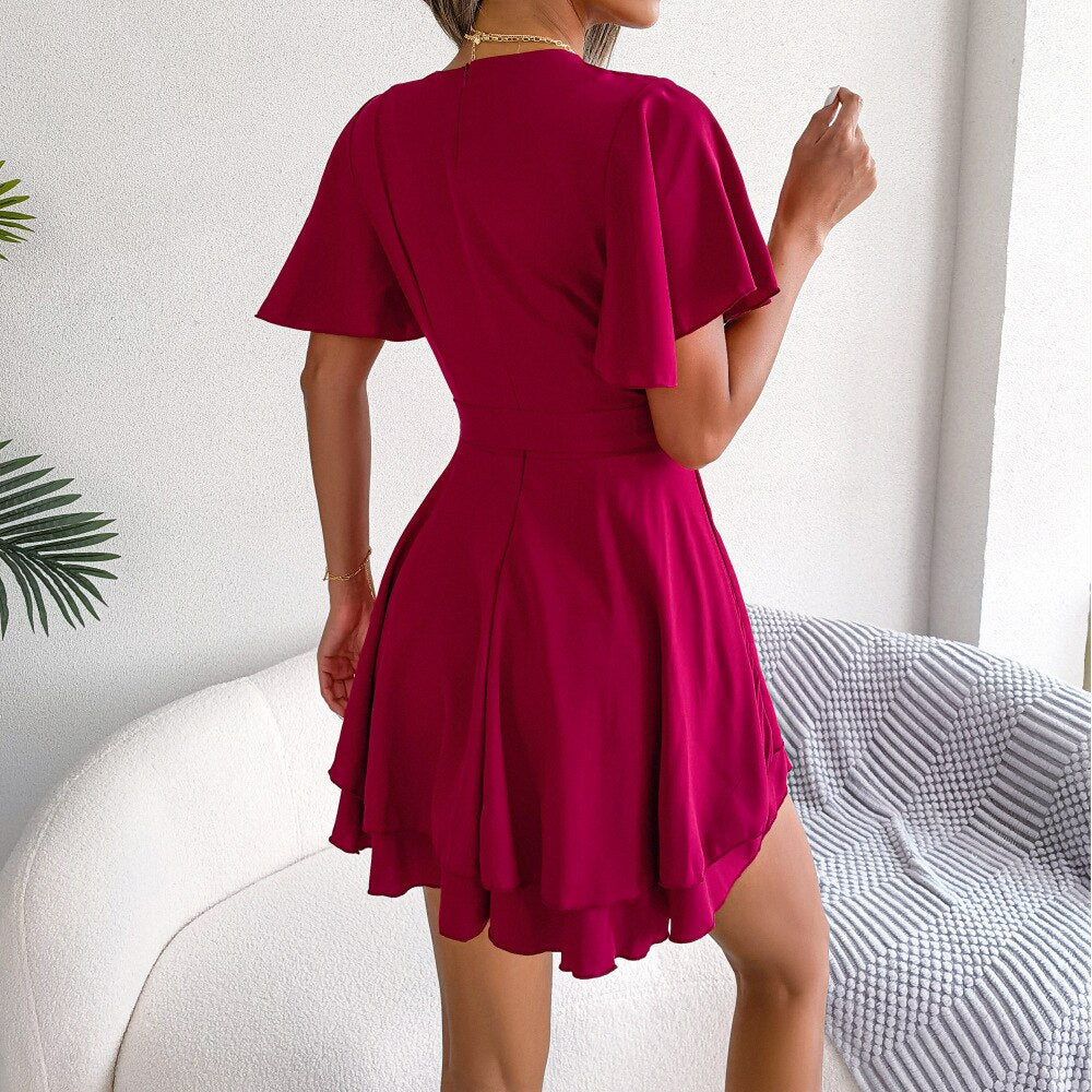 DressBetty - Lotus Leaf Sleeve Cross V-Neck Dress
