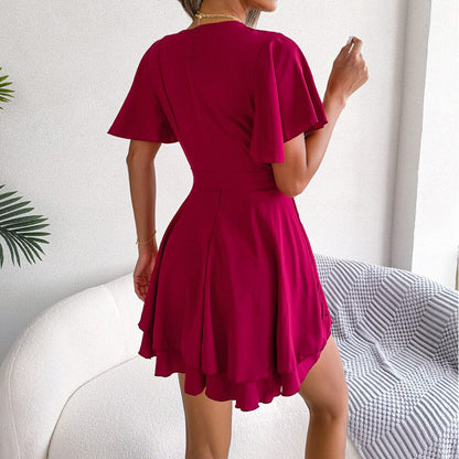 DressBetty - Lotus Leaf Sleeve Cross V-Neck Dress