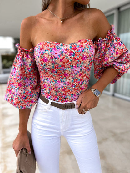 DressBetty - Women Sexy Top Summer Off Shoulder Floral Blouses Holiday Slash Neck Tops
