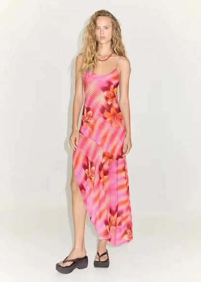 Chic Flower Printed V Neck Beach Midi Dress