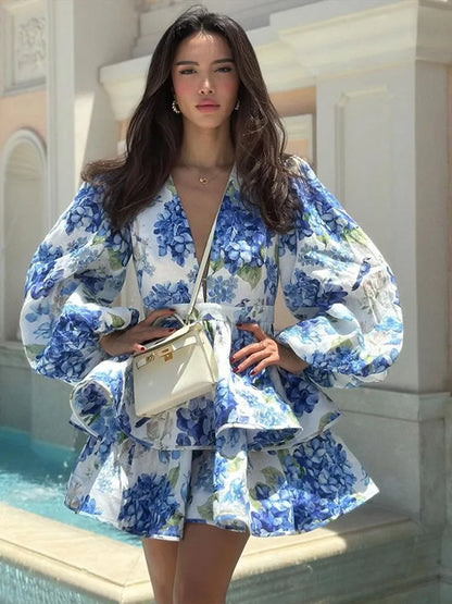 Print Ruffle Long Sleeve A-Line Mini Dress