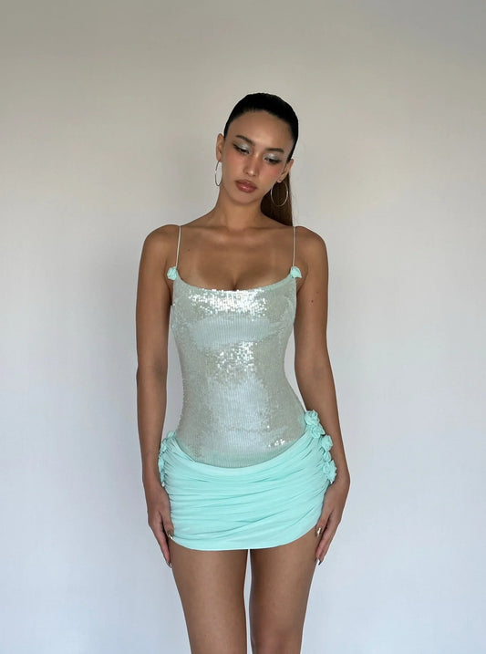 Backless Flower Sequin Prom Dress