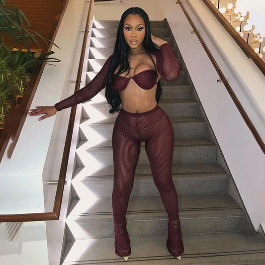 Mesh Spike Bra Bandage Two Piece Pants Set