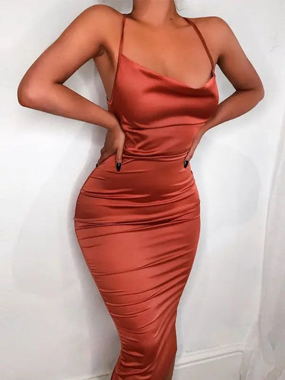 Neon Satin Lace Up Backless Midi Dress