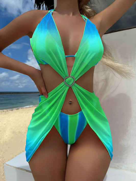 Gradient Mesh Skirt Summer Sexy Three Piece Swim Sets