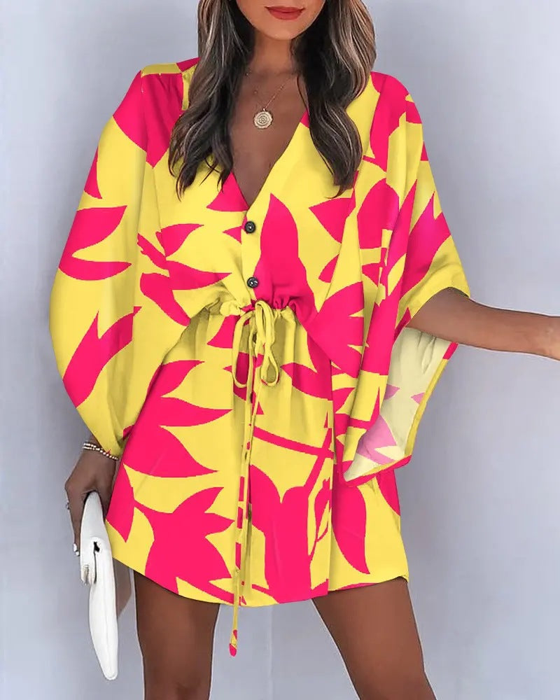 DressBetty - Casual Flora Print Batwing Sleeve Lace-Up Dress