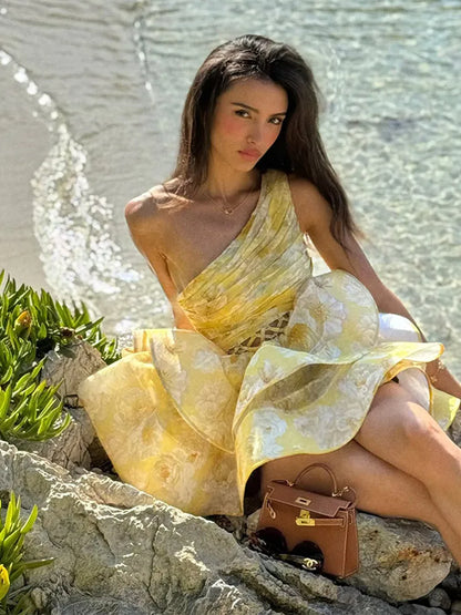 Single Shoulder Pleated Floral Dress