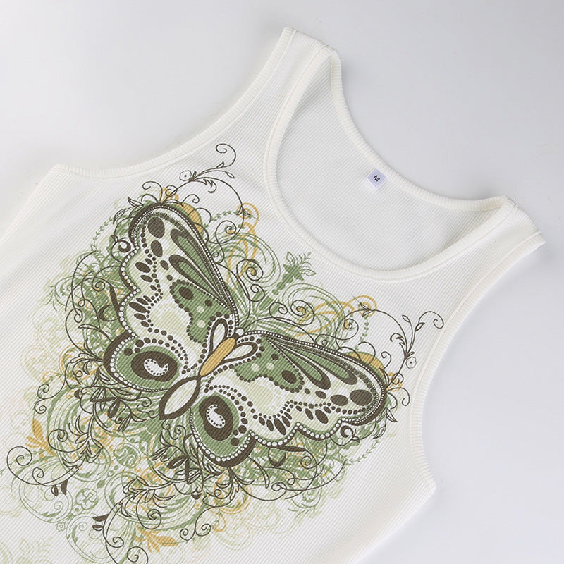 DressBetty - Slim Knitted Vest White Sleeveless O Neck Butterfly Vintage Print Tank Crop Tops