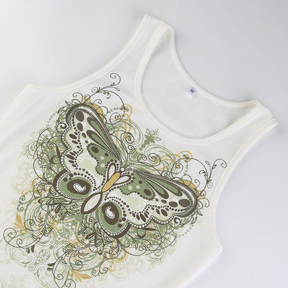 DressBetty - Slim Knitted Vest White Sleeveless O Neck Butterfly Vintage Print Tank Crop Tops