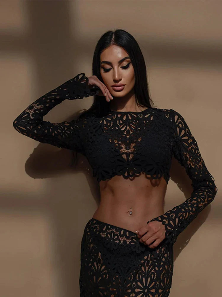 Crochet See Through Flare Sleeve Long Two Piece Skirt Set