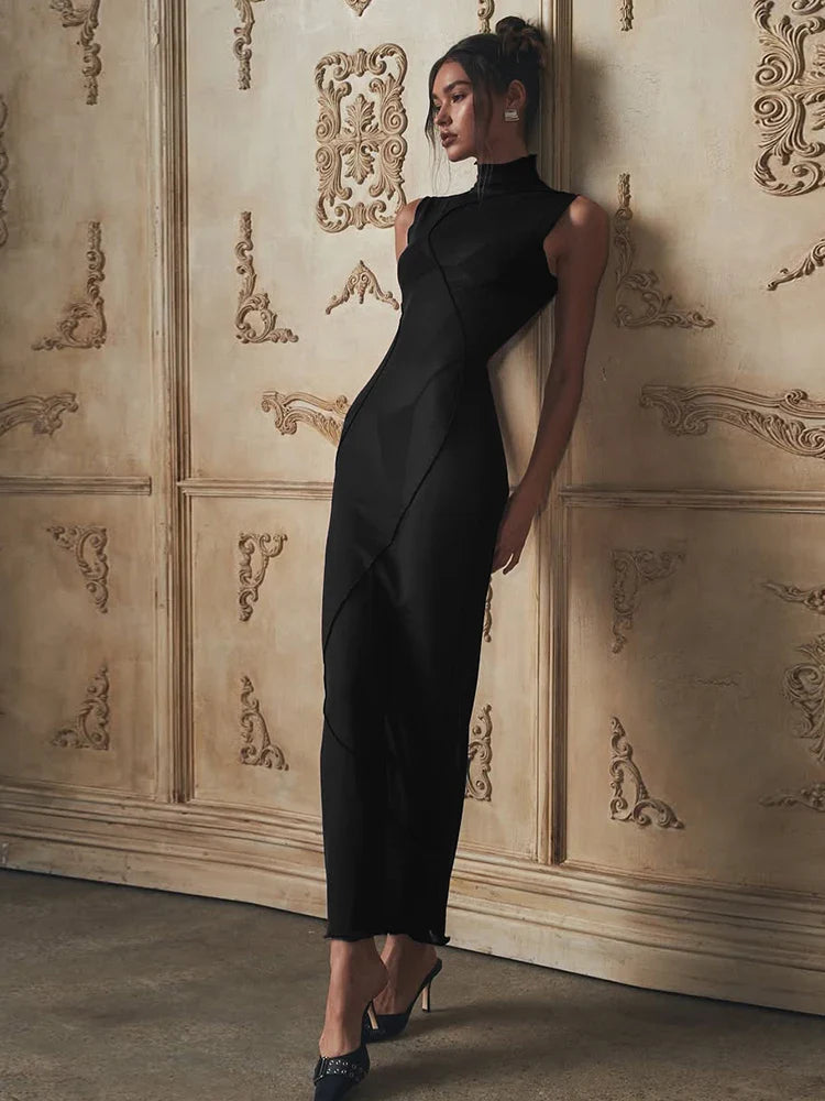 Mesh Sheer Stand Collar Maxi Dress