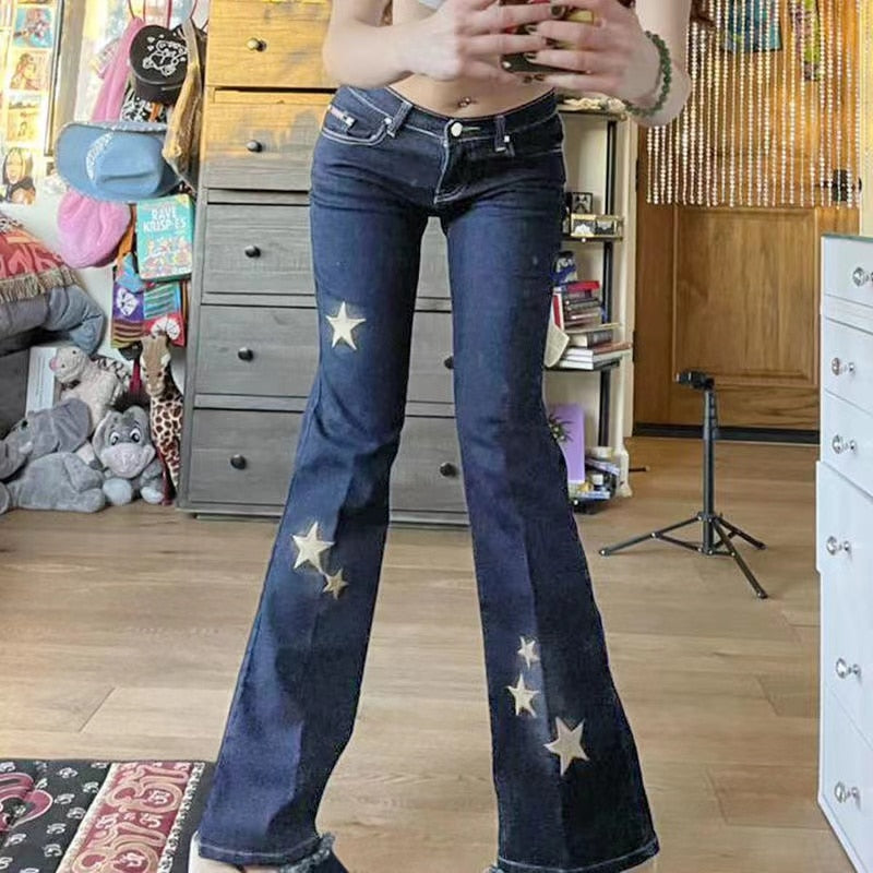 DressBetty - Star Printed Streetwear Vintage Low Waist Pockets Blue Denim Skinny Flare Jeans