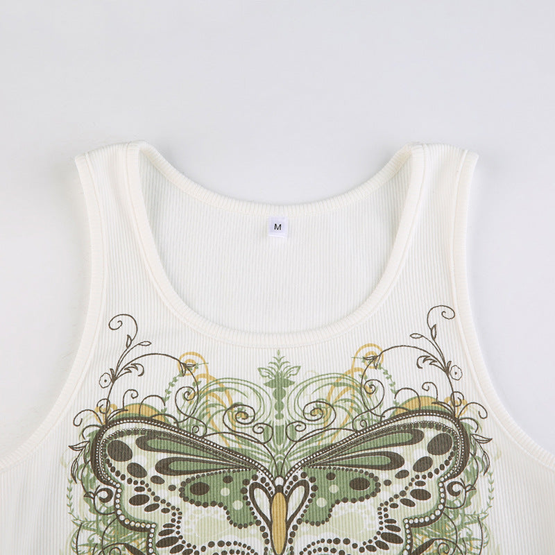 DressBetty - Slim Knitted Vest White Sleeveless O Neck Butterfly Vintage Print Tank Crop Tops