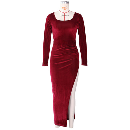 DressBetty - Elegant Velvet High Waist Slit Maxi Dress Sexy Long Sleeve Evening Party Dress