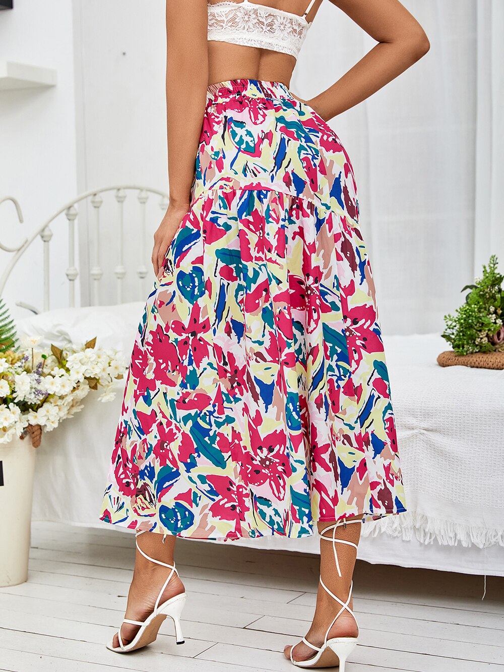 DressBetty - Floral Print Ruffle Hem Skirt
