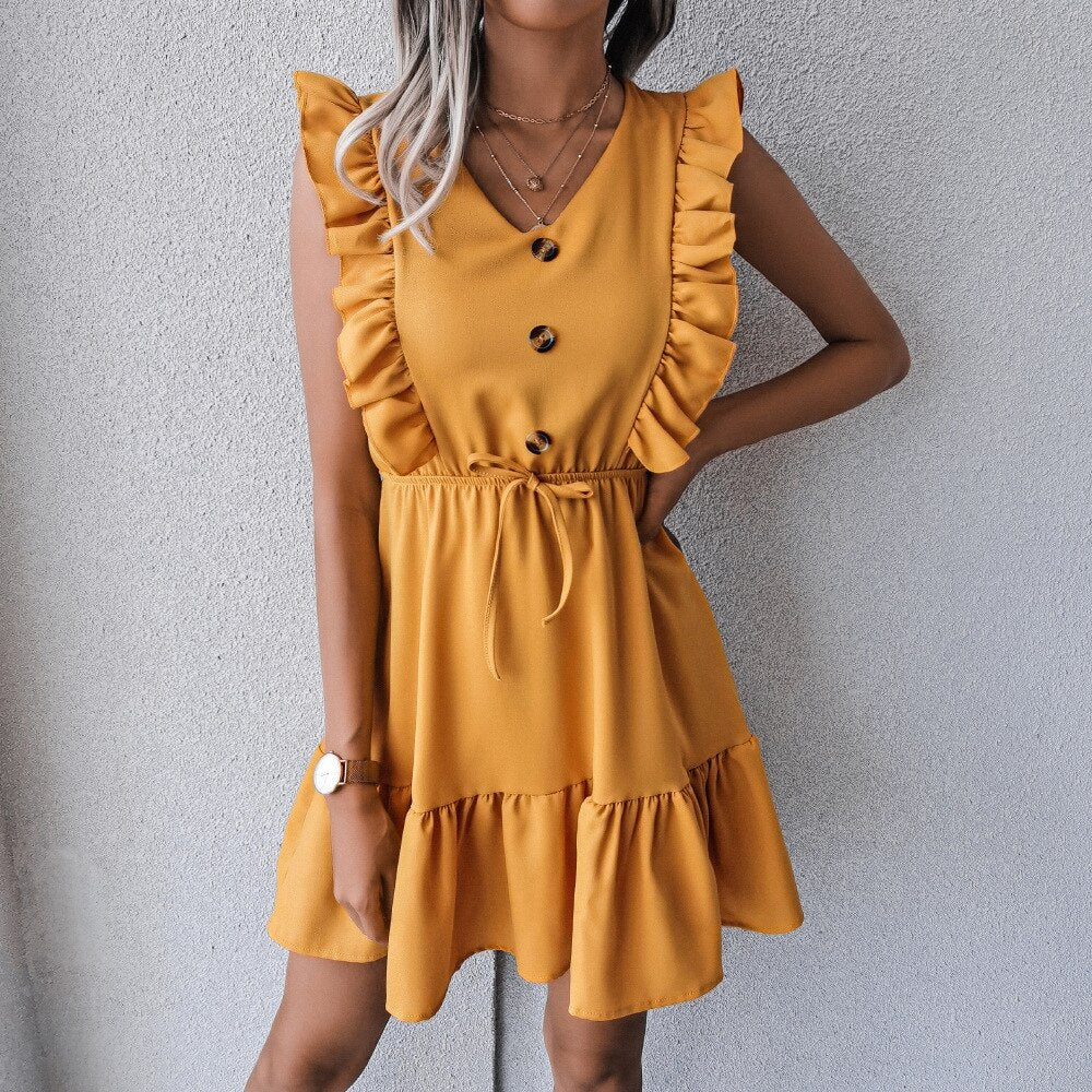 DressBetty - V Neck Ruffled Single Breasted Dress