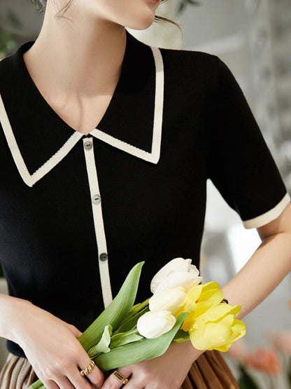 Ava Classic Contrast Lapel Knitted Top