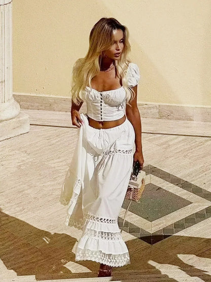 White Cotton Flower Embroidery Summer Two Piece Skirt Set