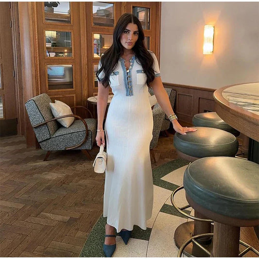 Denim Patchwork V-Neck Short Sleeve Button Bodycon Work Dress