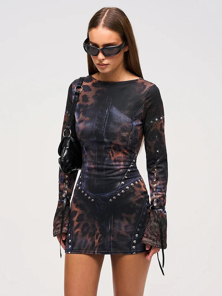 Leopard Rivet Gradient Gothic Mini Dress